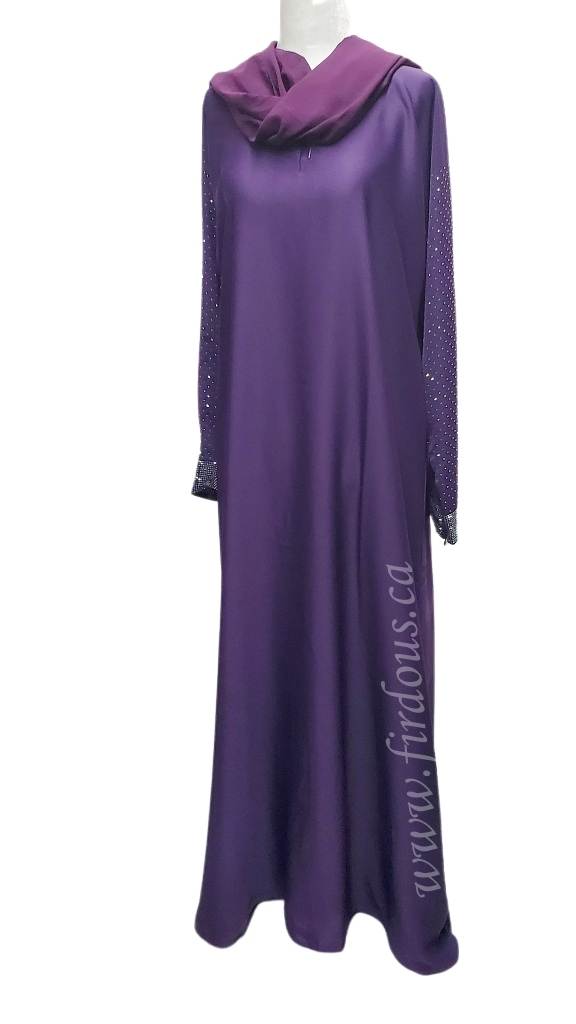 Purple Abaya with Rainbow Stones on Sleeves